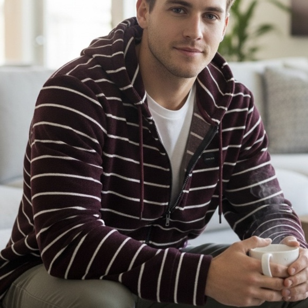 RVCA Men's Super‎ Marle Knit Maroon Striped Zip Up Hoodie Sweater